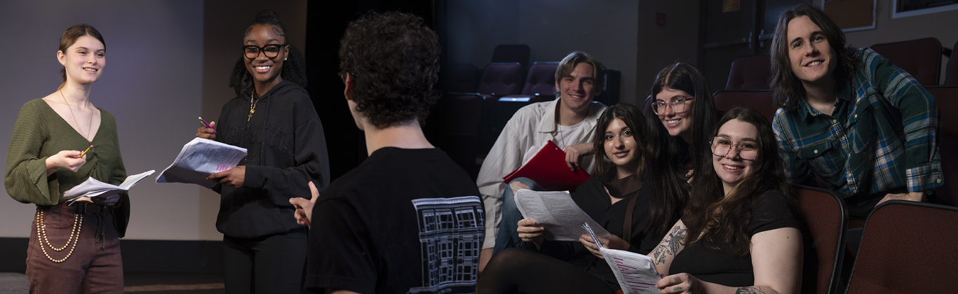 A collage of students performing on stage during various theatrical productions.