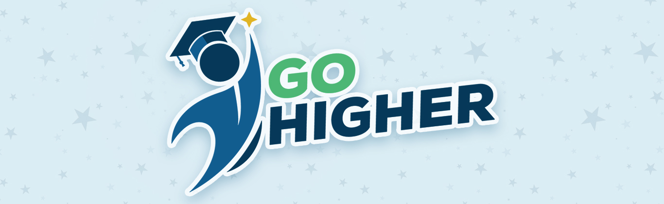 A cartoon of a person in a graduation hat with the words Go Higher