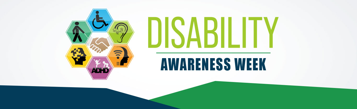 Sign language, eye, wheelchair, and brain icons shaped in a circle. The text reads, “Disability Awareness Week.”