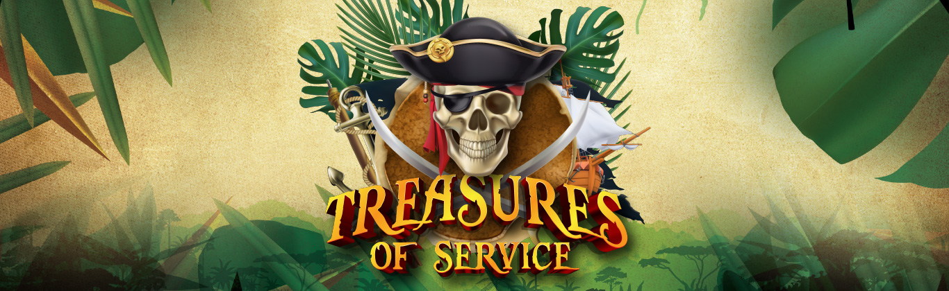 A pirate skull with the words "Treasures of Service"